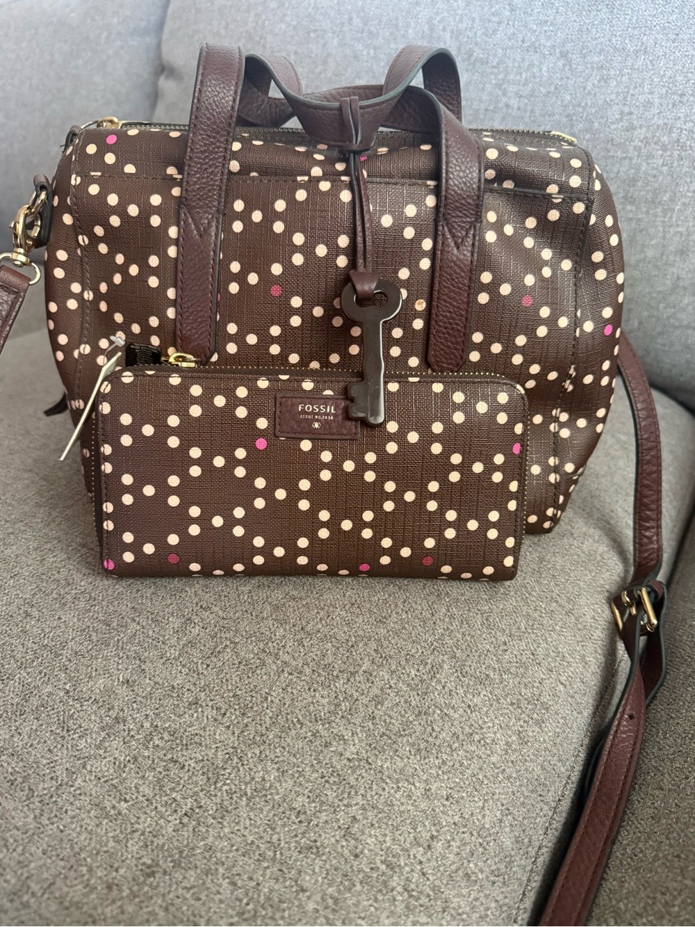 Fossil Brown Polka Dot Satchel with Detachable Strap and Matching Wallet
